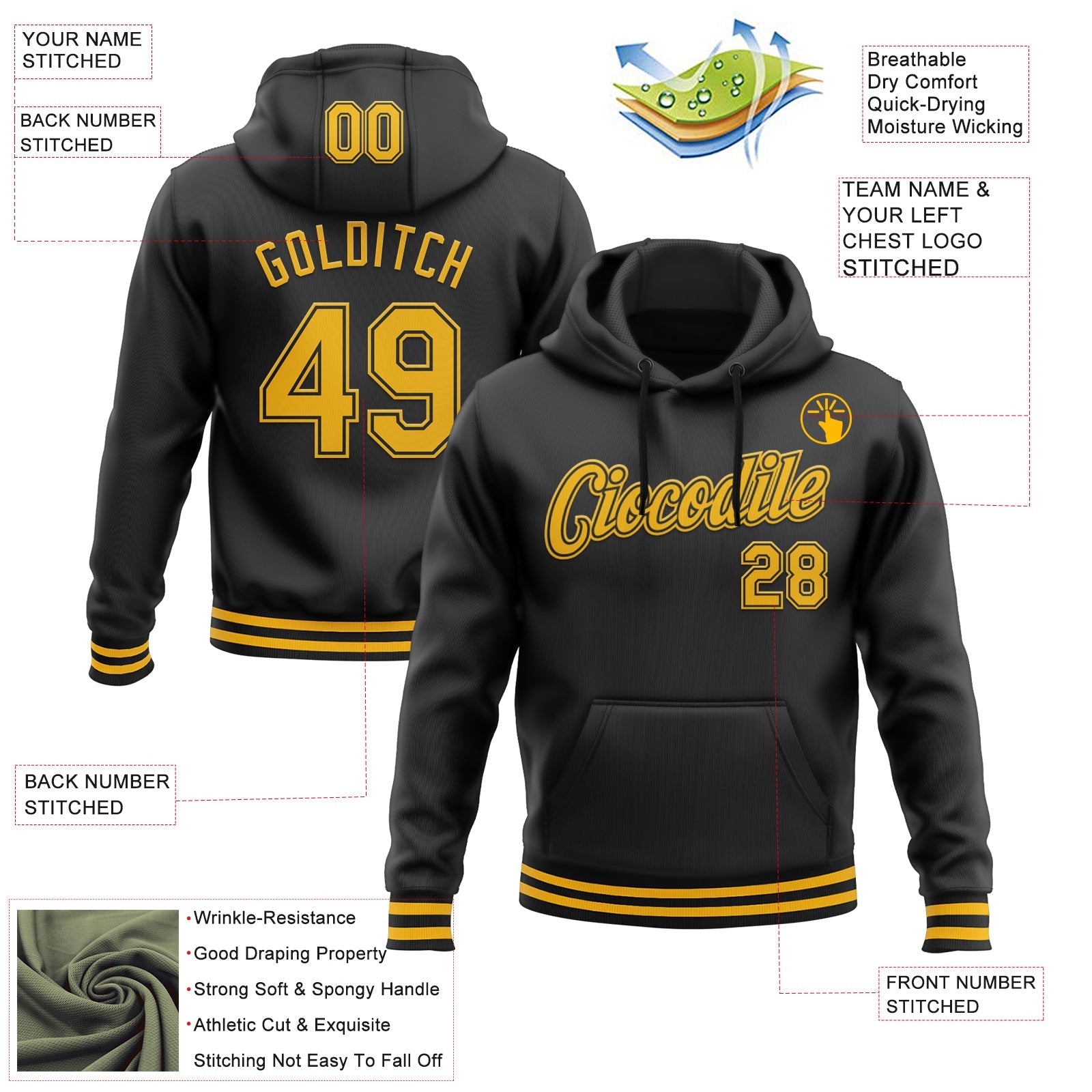 Custom Stitched Black Gold Sports Pullover Sweatshirt Hoodie view 3