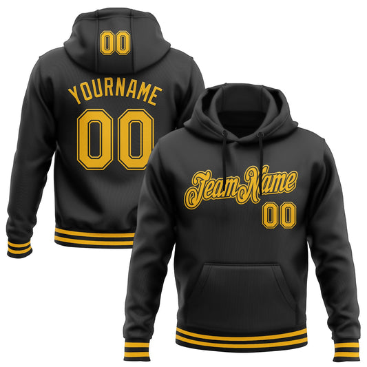 Custom Stitched Black Gold Sports Pullover Sweatshirt Hoodie - Main View