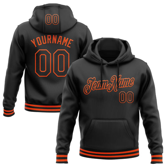 Custom Stitched Black Orange Sports Pullover Sweatshirt Hoodie - Main View