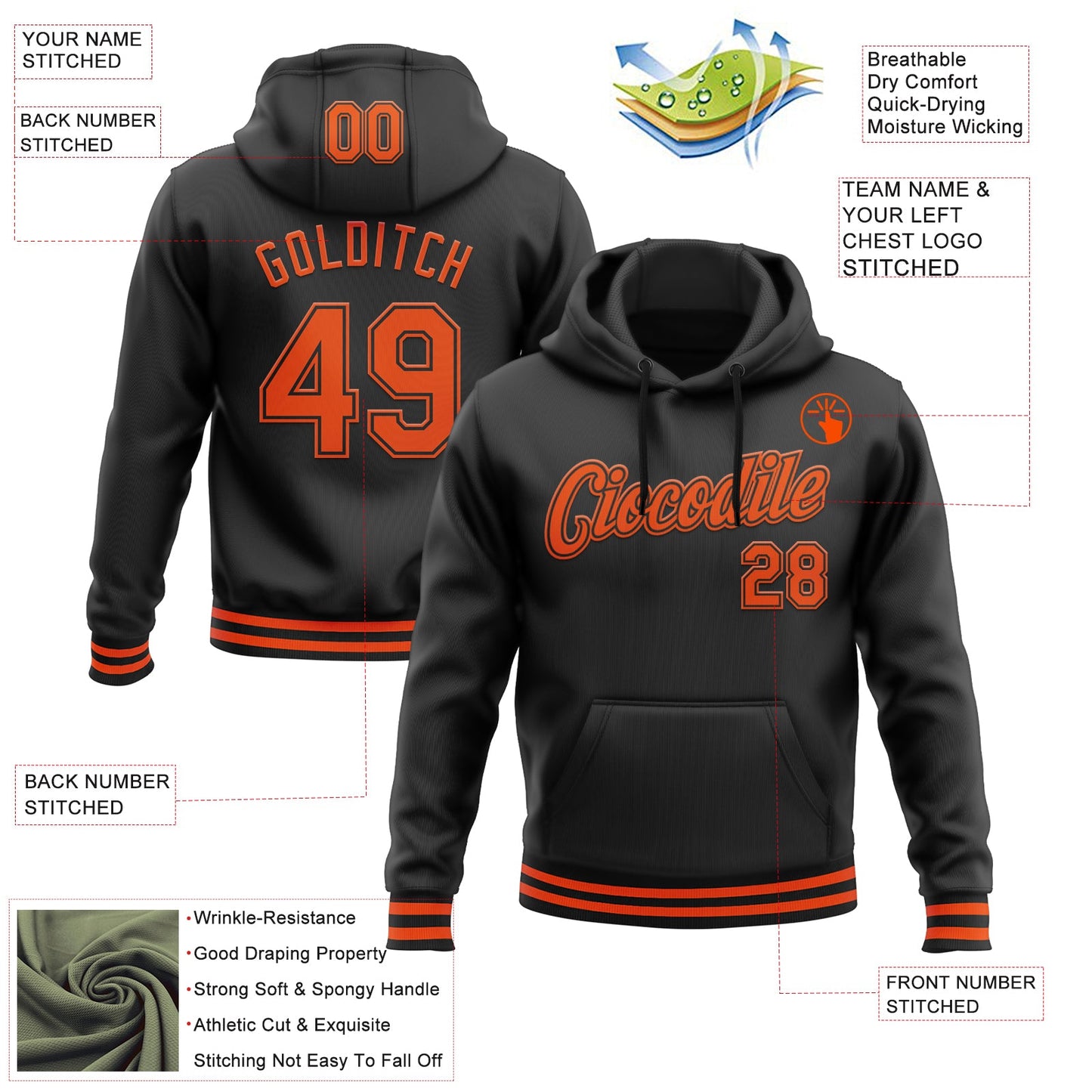 Custom Stitched Black Orange Sports Pullover Sweatshirt Hoodie view 3