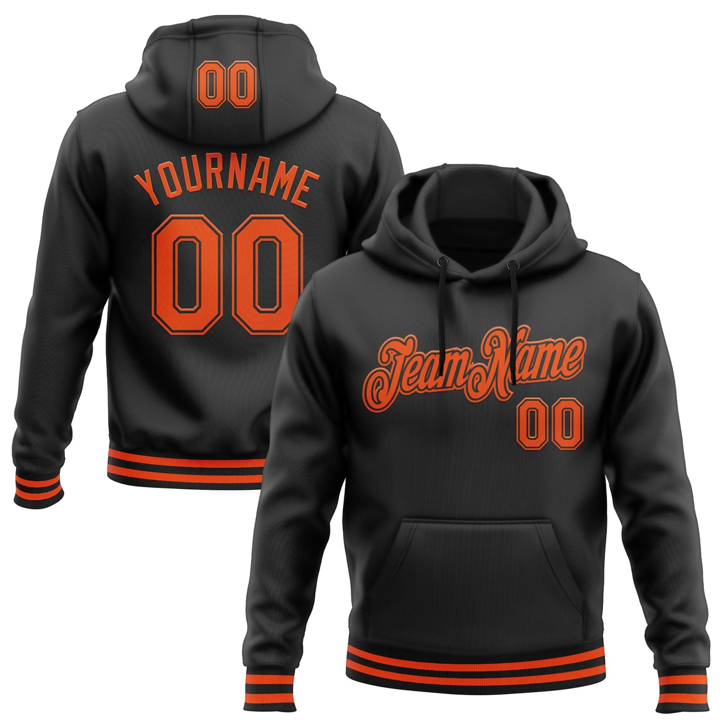 Custom Stitched Black Orange Sports Pullover Sweatshirt Hoodie - Main View