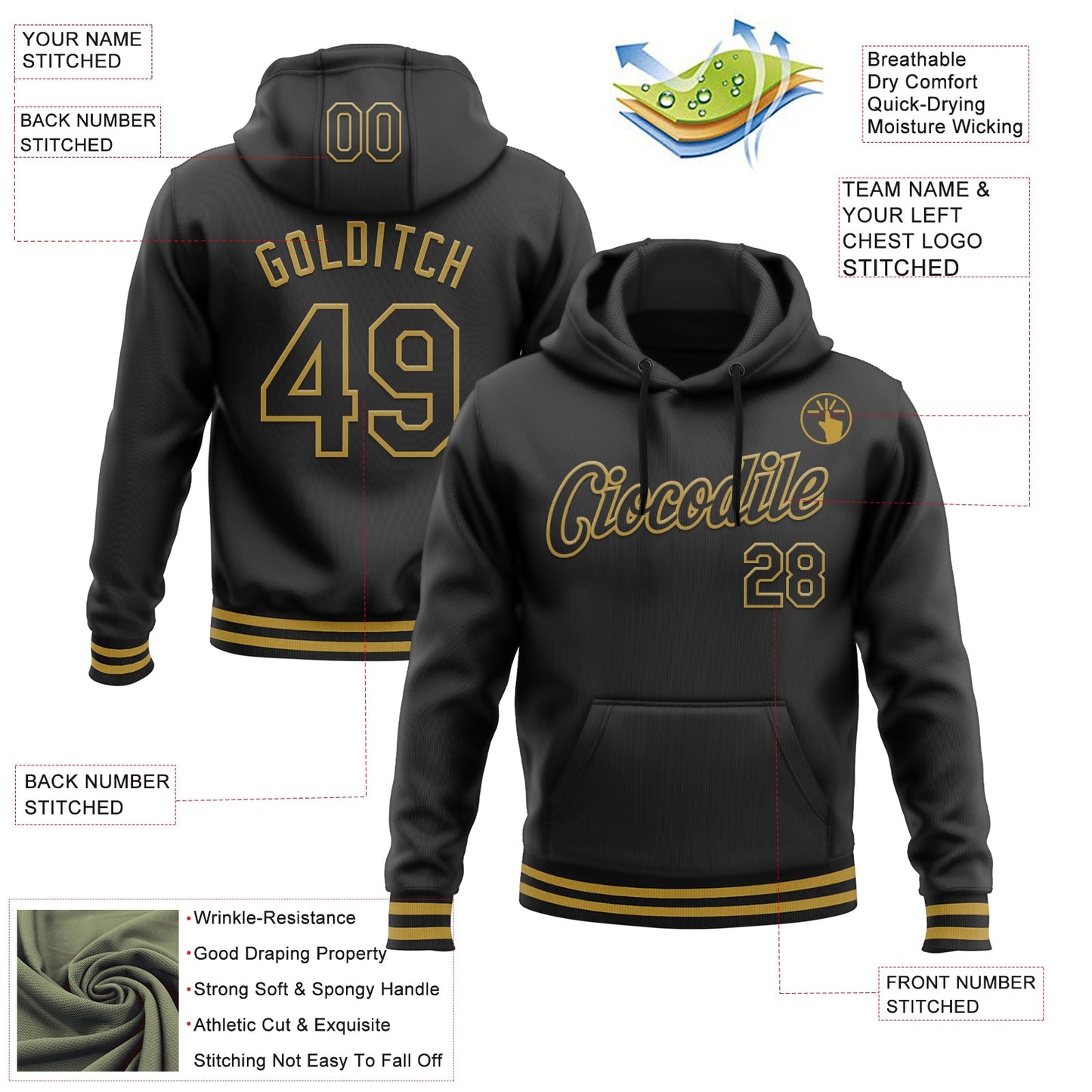 Custom Stitched Black Old Gold Sports Pullover Sweatshirt Hoodie view 3