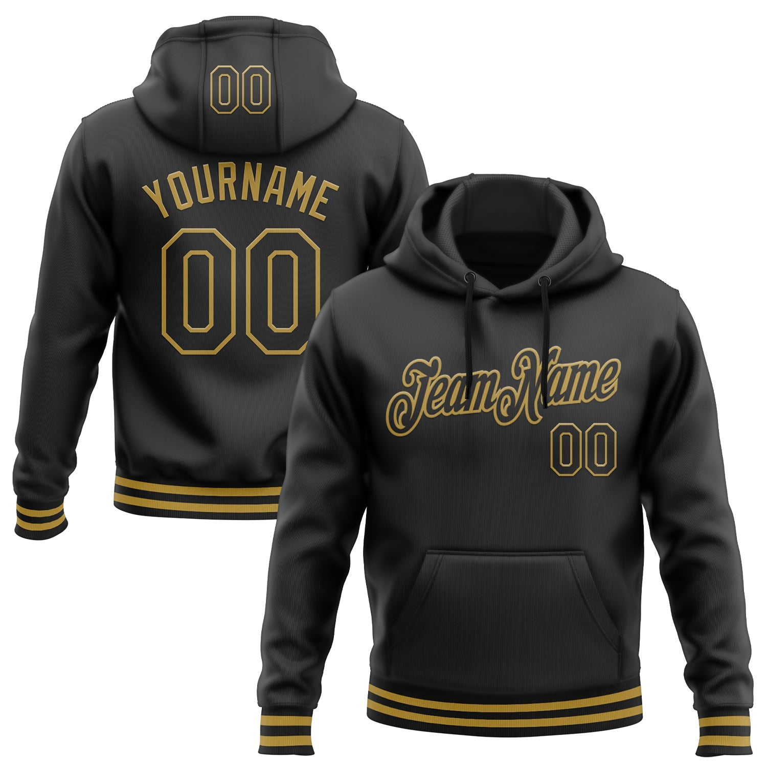 Custom Stitched Black Old Gold Sports Pullover Sweatshirt Hoodie - Main View