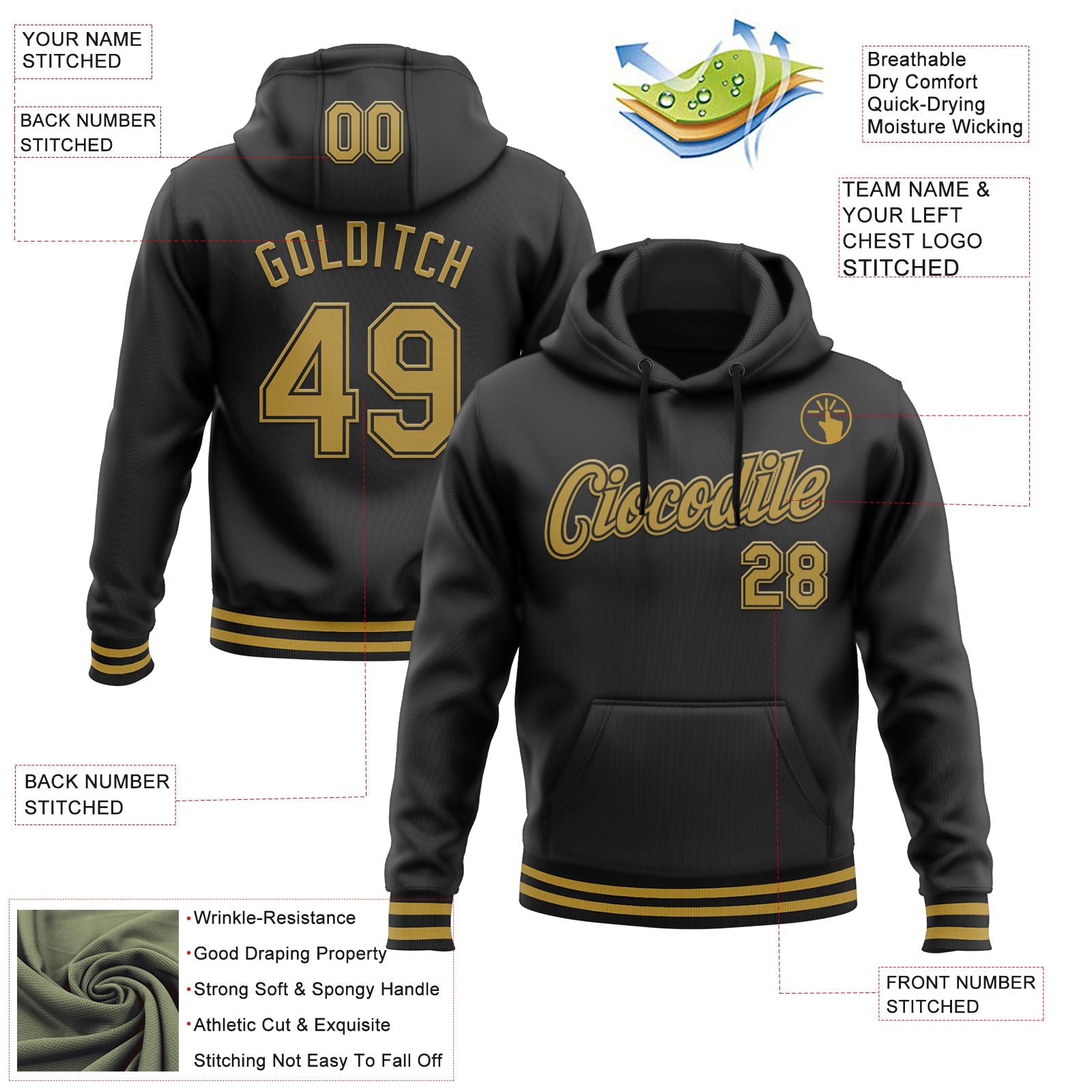 Custom Stitched Black Old Gold Sports Pullover Sweatshirt Hoodie view 3