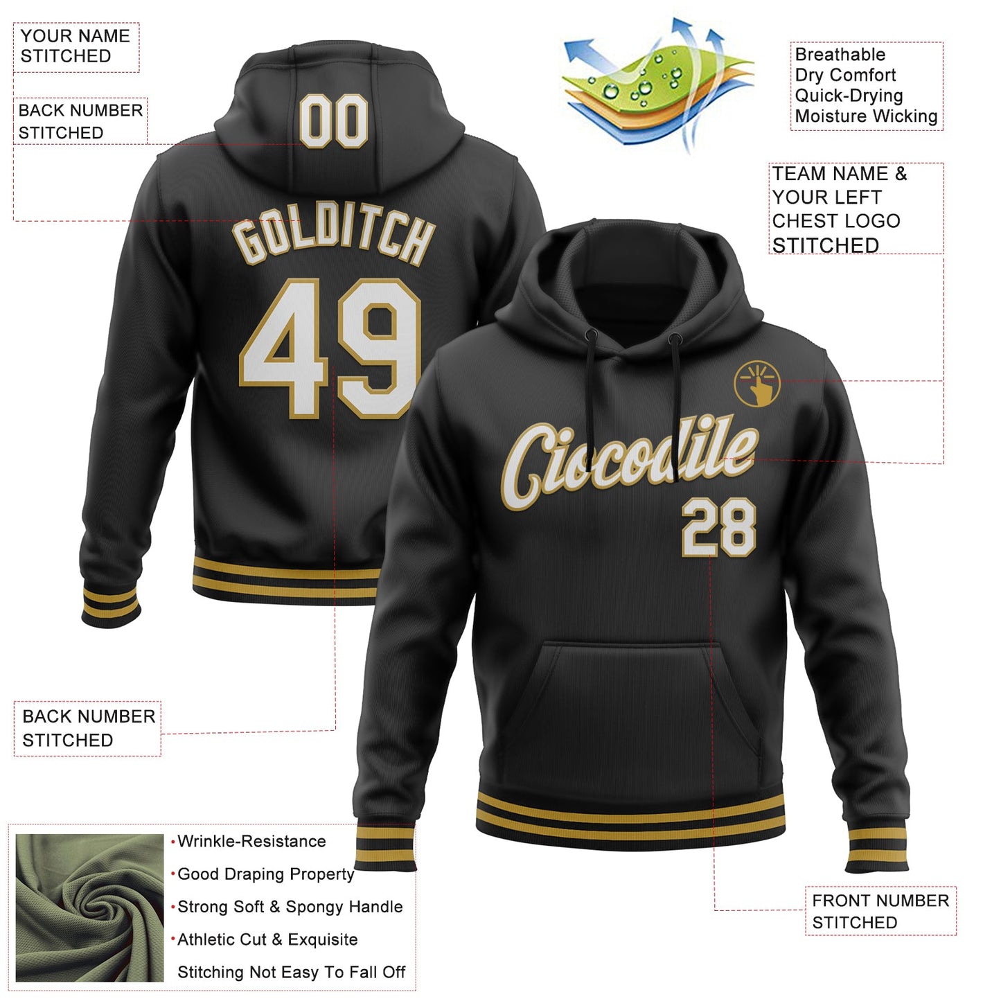 Custom Stitched Black White-Old Gold Sports Pullover Sweatshirt Hoodie view 3