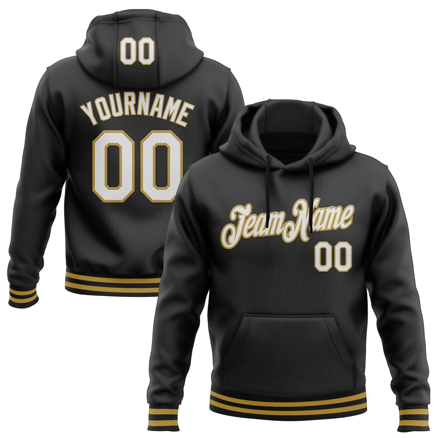 Custom Stitched Black White-Old Gold Sports Pullover Sweatshirt Hoodie - Main View
