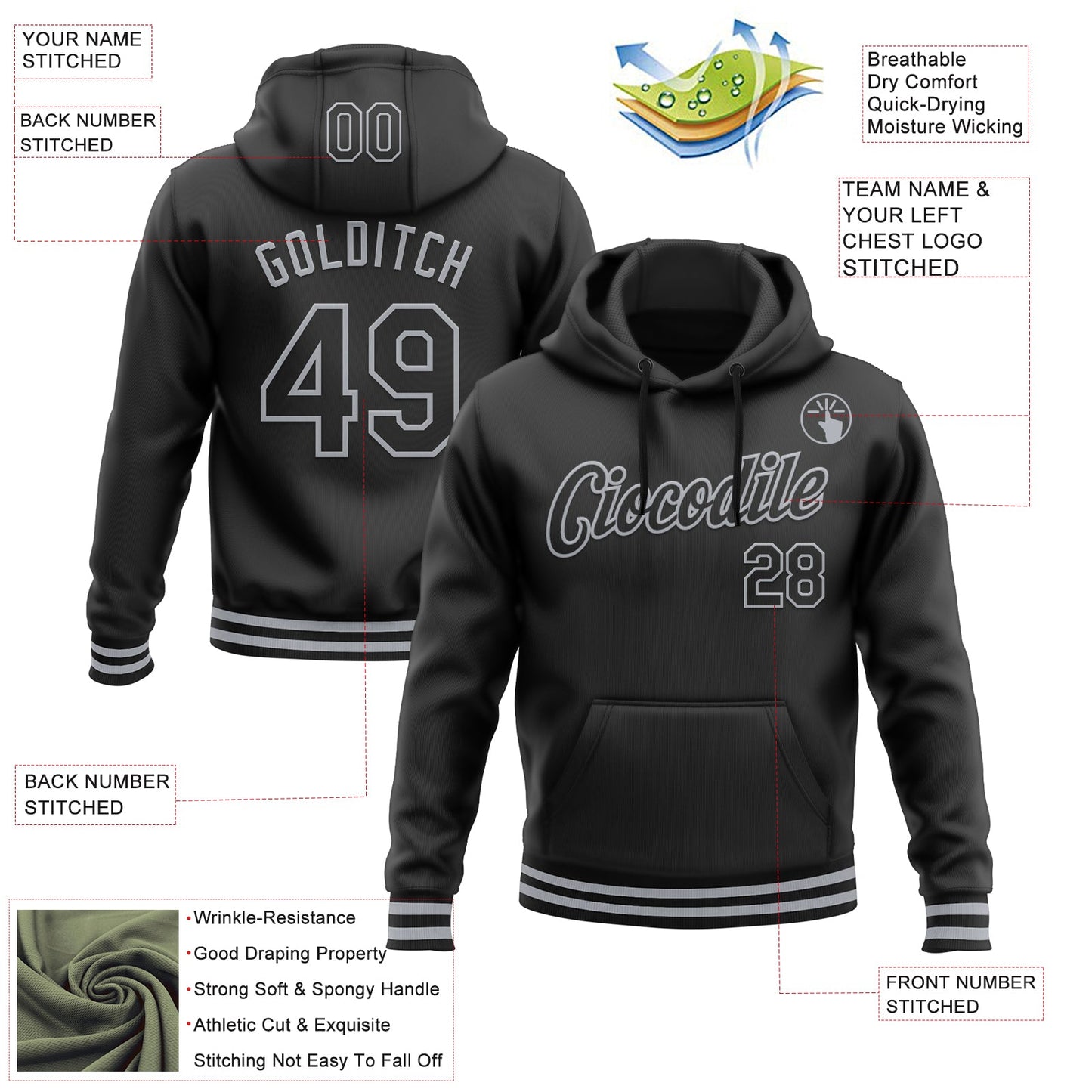 Custom Stitched Black Gray Sports Pullover Sweatshirt Hoodie view 3