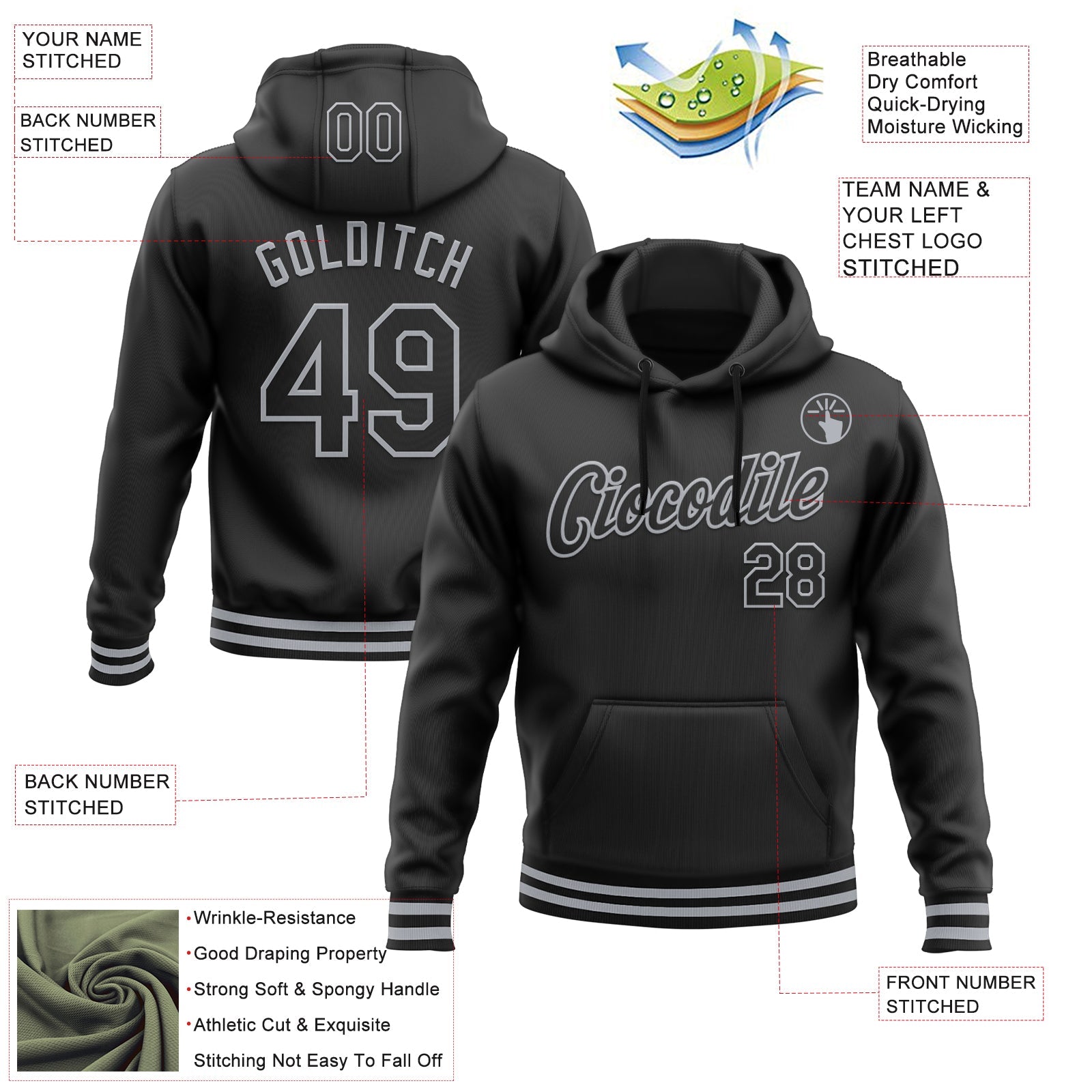 Custom Stitched Black Gray Sports Pullover Sweatshirt Hoodie view 3