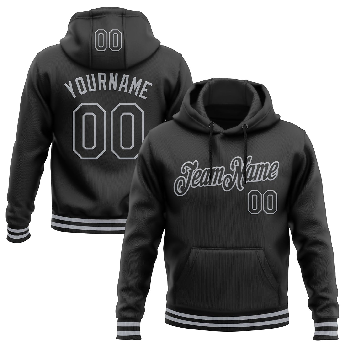 Custom Stitched Black Gray Sports Pullover Sweatshirt Hoodie - Main View