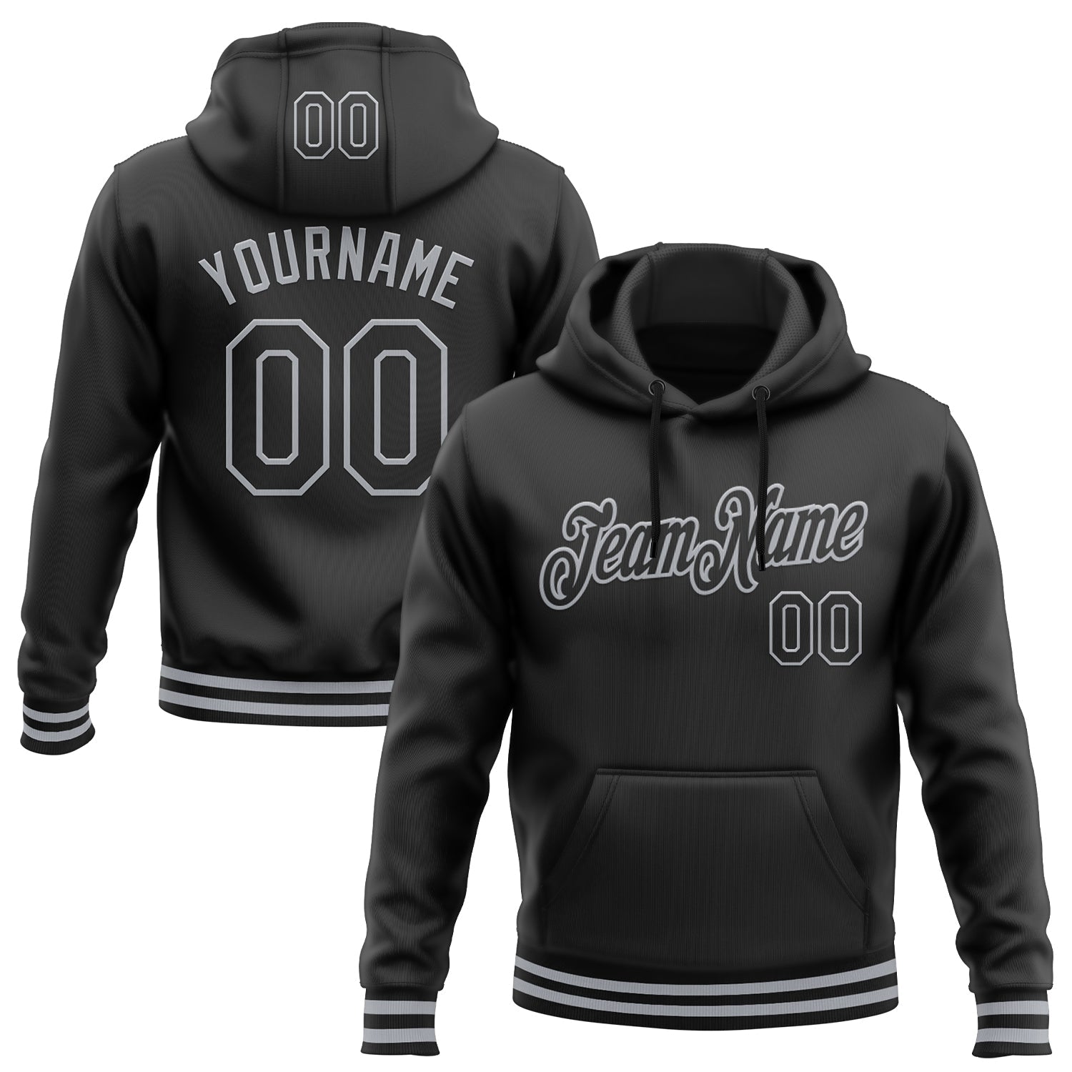 Custom Stitched Black Gray Sports Pullover Sweatshirt Hoodie - Main View