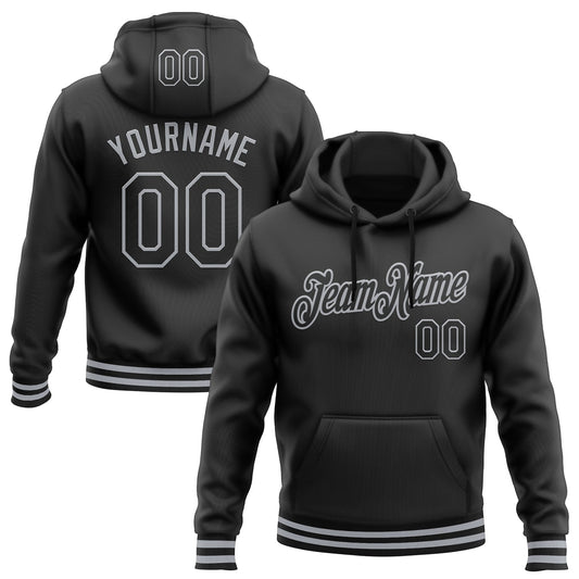 Custom Stitched Black Gray Sports Pullover Sweatshirt Hoodie - Main View
