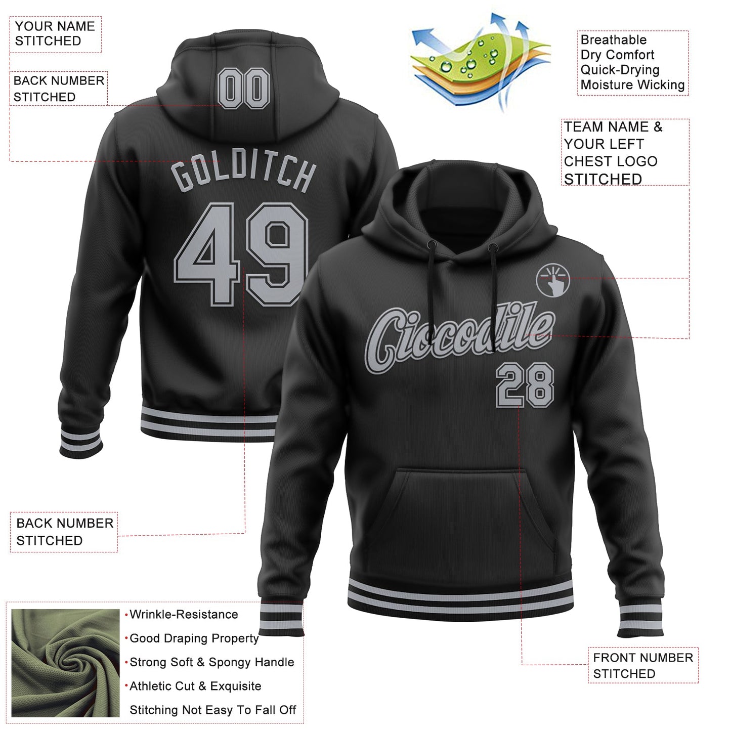 Custom Stitched Black Gray Sports Pullover Sweatshirt Hoodie view 3
