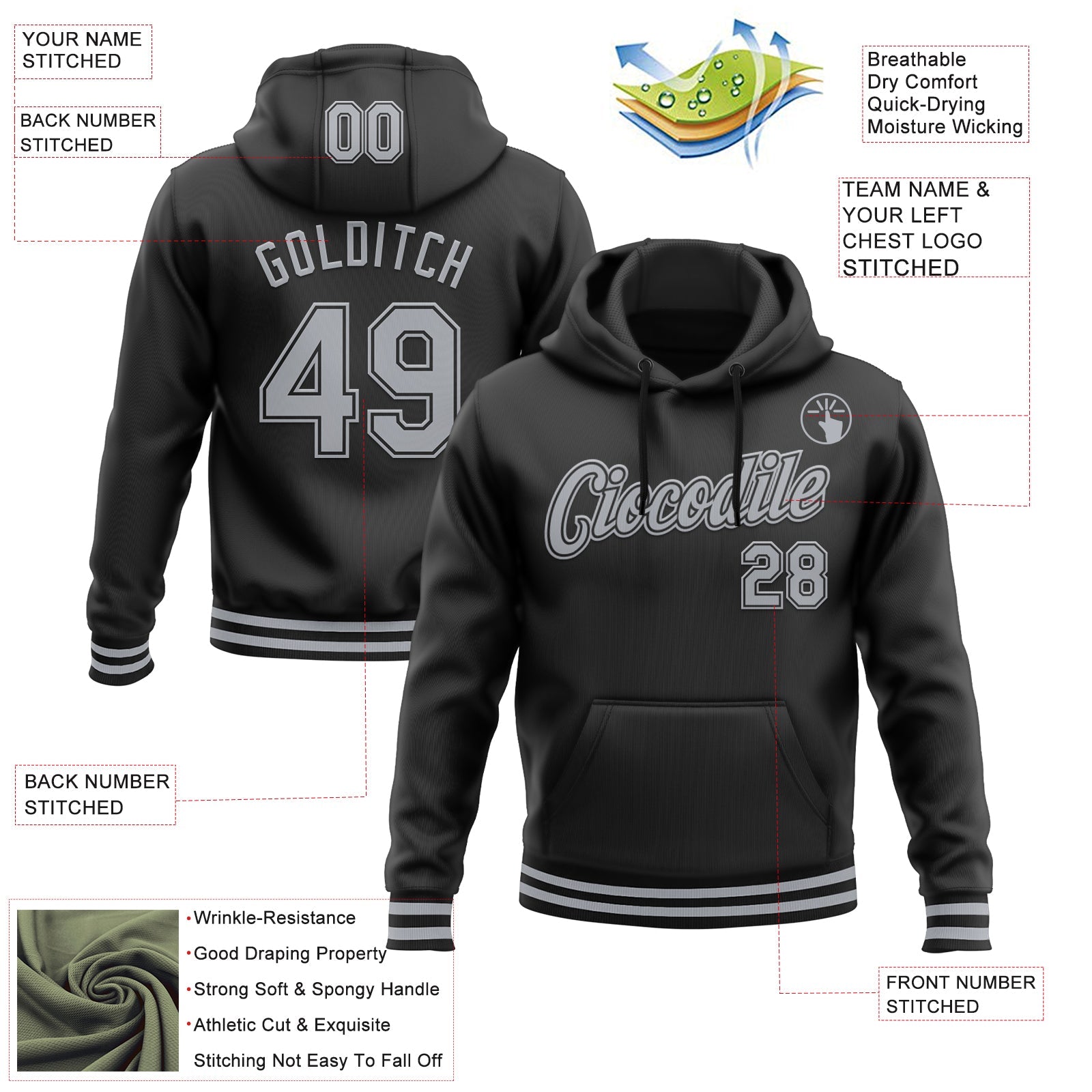 Custom Stitched Black Gray Sports Pullover Sweatshirt Hoodie view 3