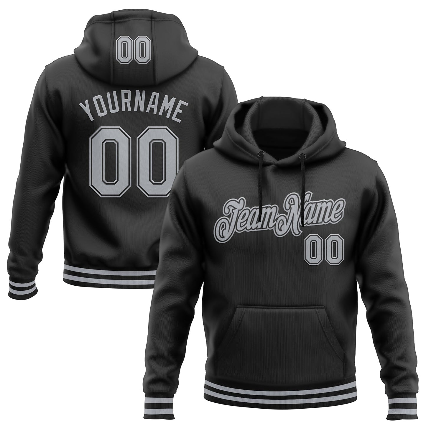 Custom Stitched Black Gray Sports Pullover Sweatshirt Hoodie - Main View