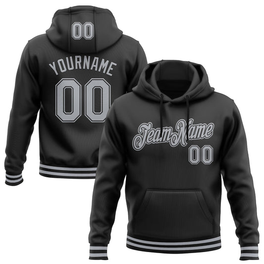 Custom Stitched Black Gray Sports Pullover Sweatshirt Hoodie - Main View