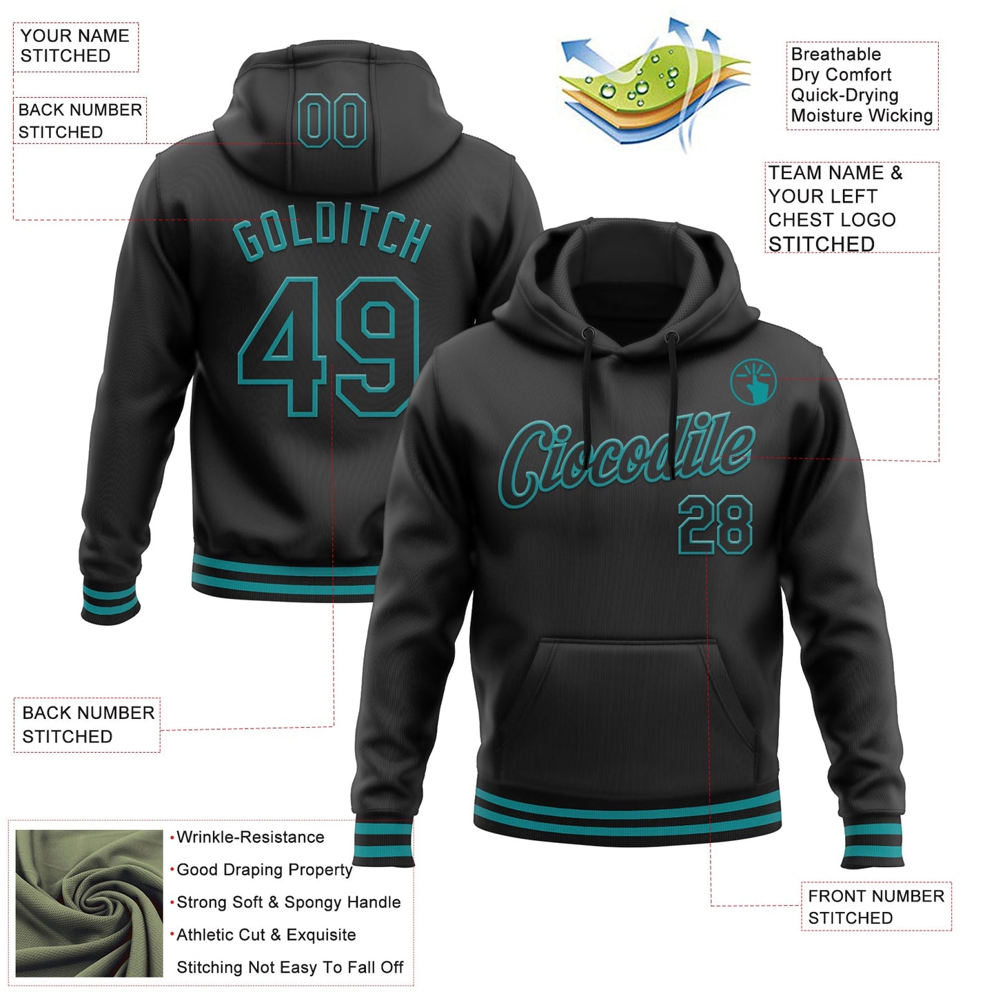 Custom Stitched Black Teal Sports Pullover Sweatshirt Hoodie view 3