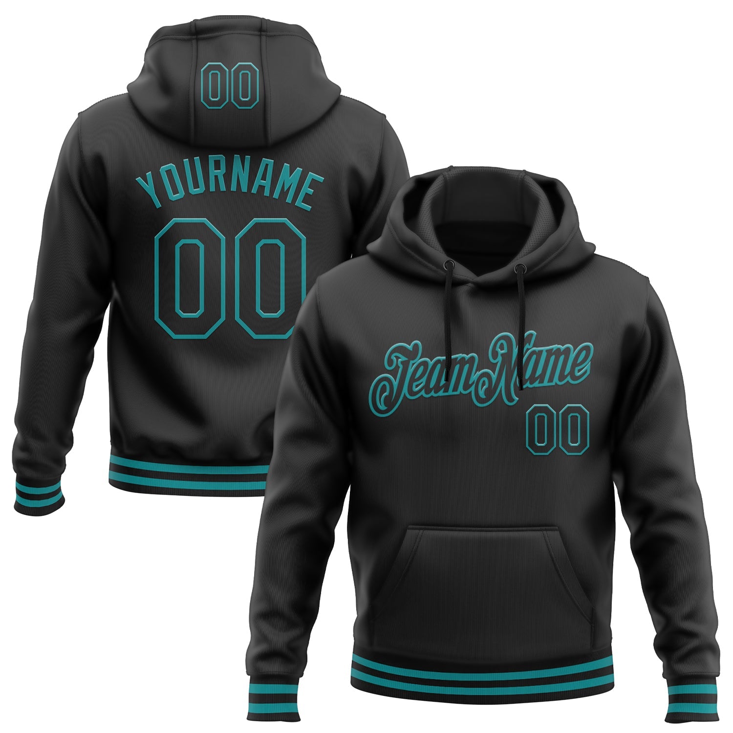Custom Stitched Black Teal Sports Pullover Sweatshirt Hoodie - Main View