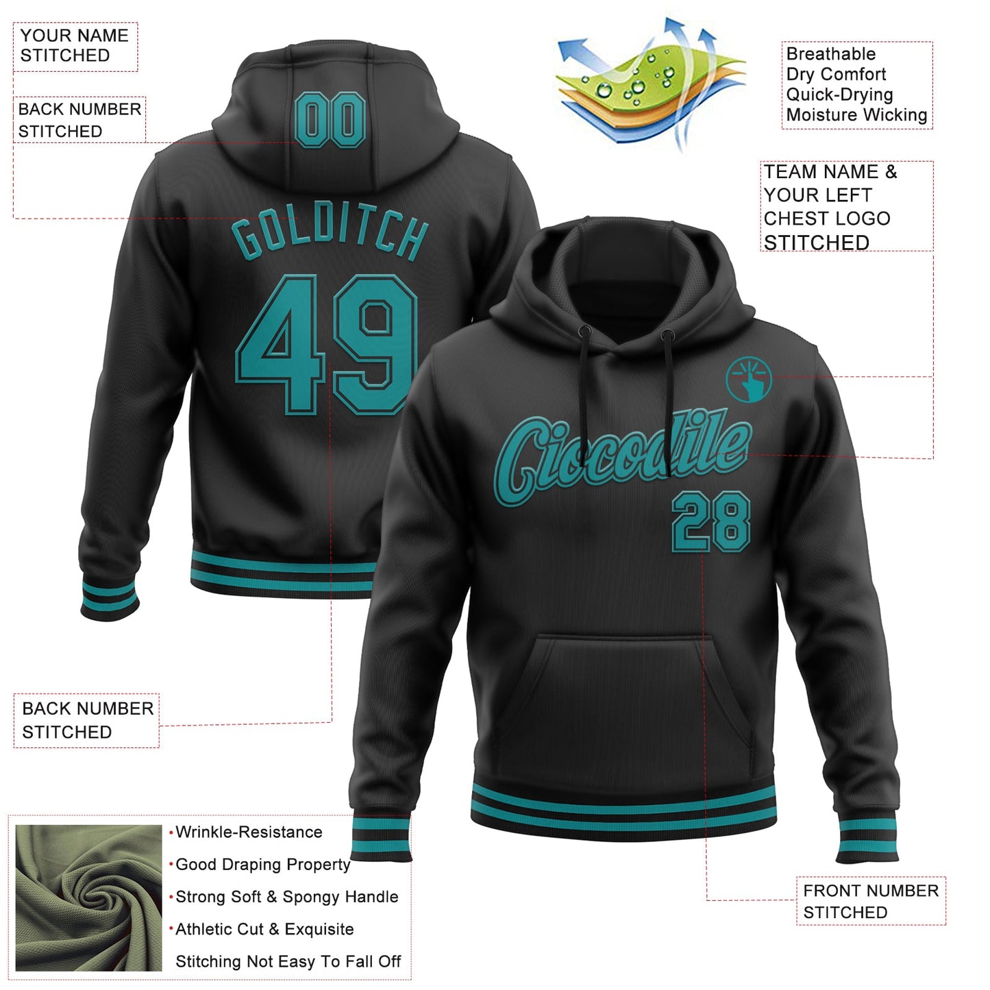 Custom Stitched Black Teal Sports Pullover Sweatshirt Hoodie view 3