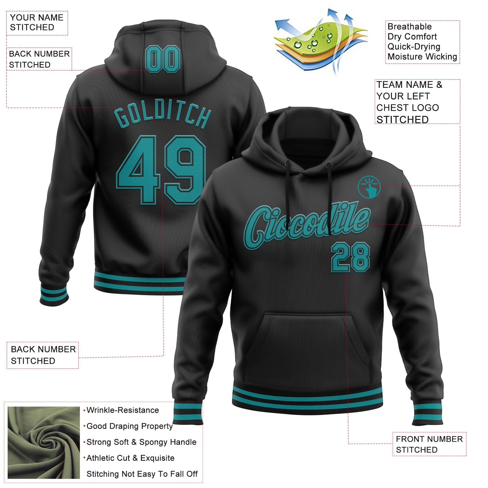 Custom Stitched Black Teal Sports Pullover Sweatshirt Hoodie view 3