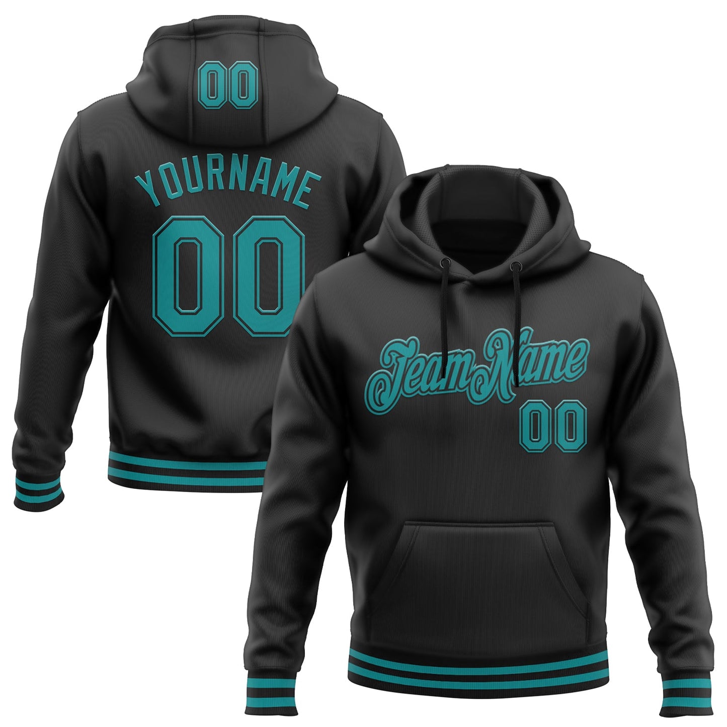 Custom Stitched Black Teal Sports Pullover Sweatshirt Hoodie - Main View