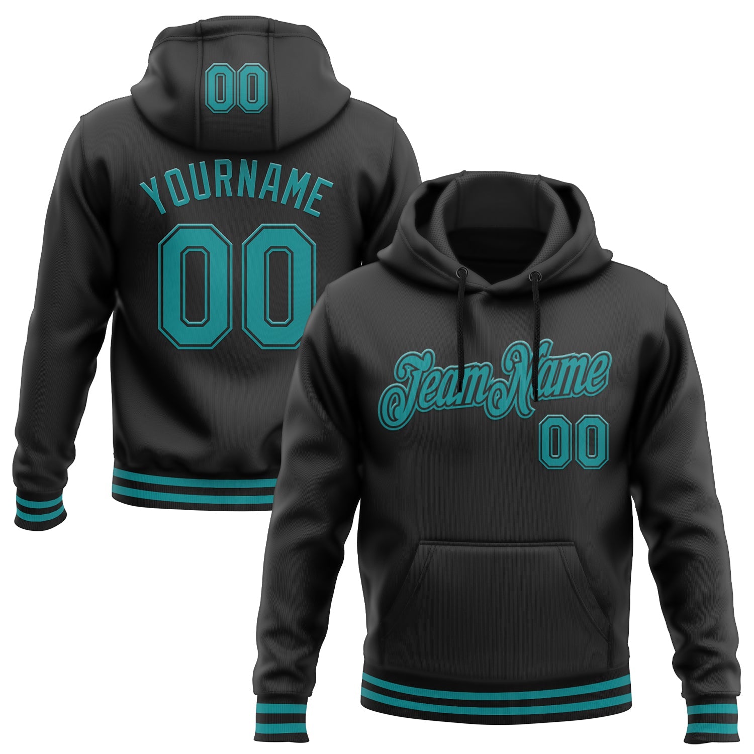 Custom Stitched Black Teal Sports Pullover Sweatshirt Hoodie - Main View