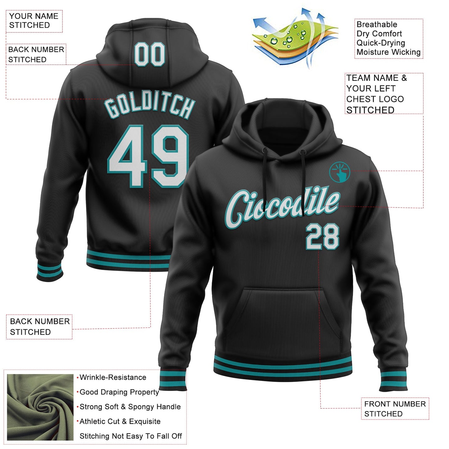 Custom Stitched Black White-Teal Sports Pullover Sweatshirt Hoodie view 3