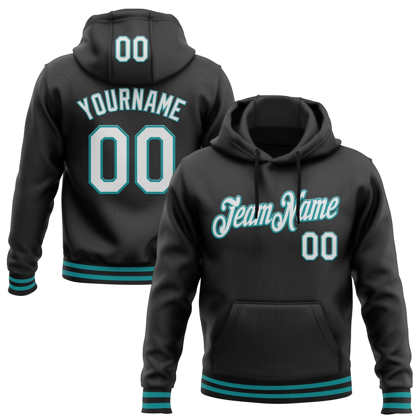 Custom Stitched Black White-Teal Sports Pullover Sweatshirt Hoodie - Main View