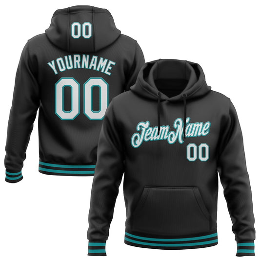 Custom Stitched Black White-Teal Sports Pullover Sweatshirt Hoodie - Main View