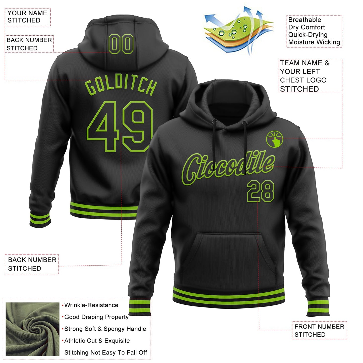 Custom Stitched Black Neon Green Sports Pullover Sweatshirt Hoodie view 3