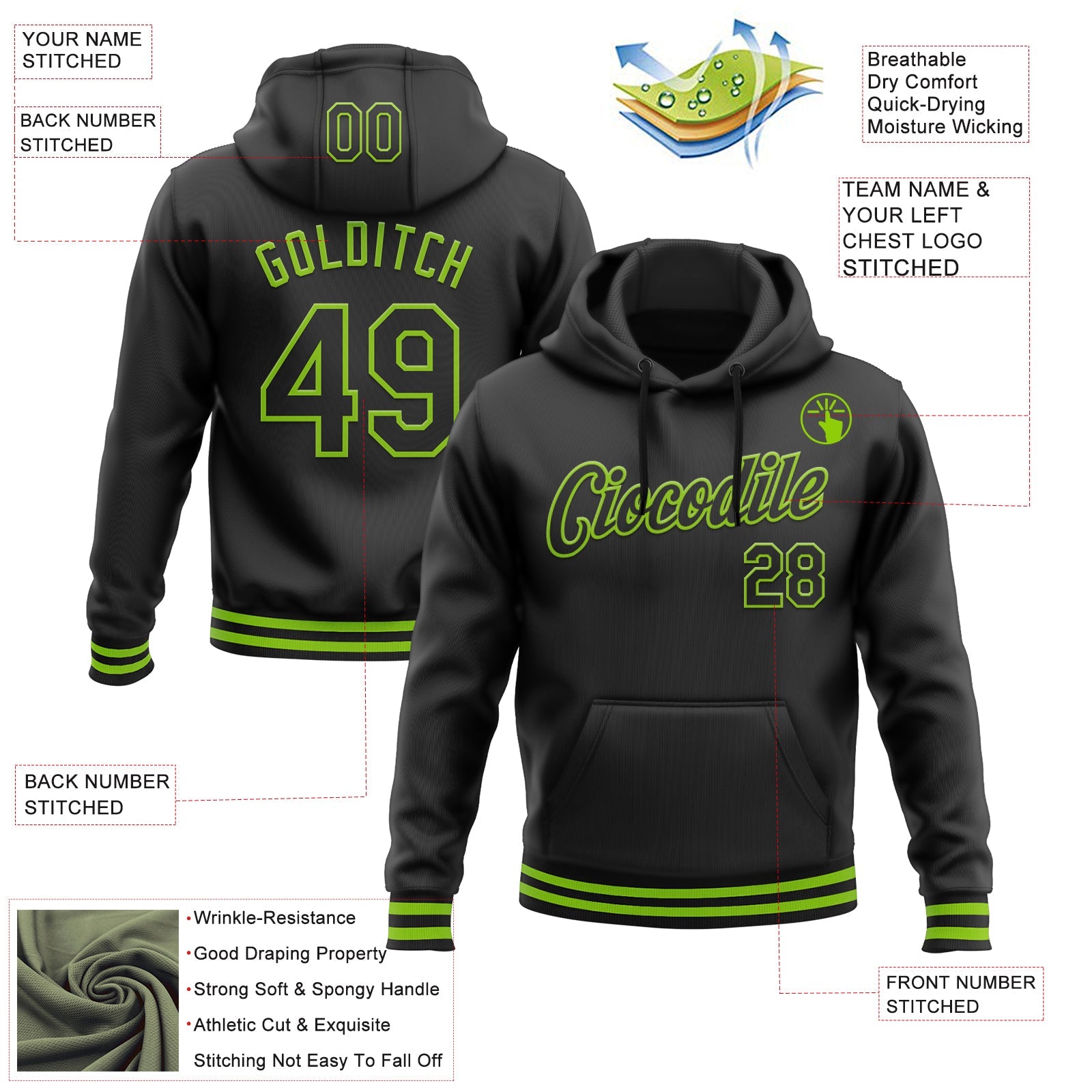 Custom Stitched Black Neon Green Sports Pullover Sweatshirt Hoodie view 3