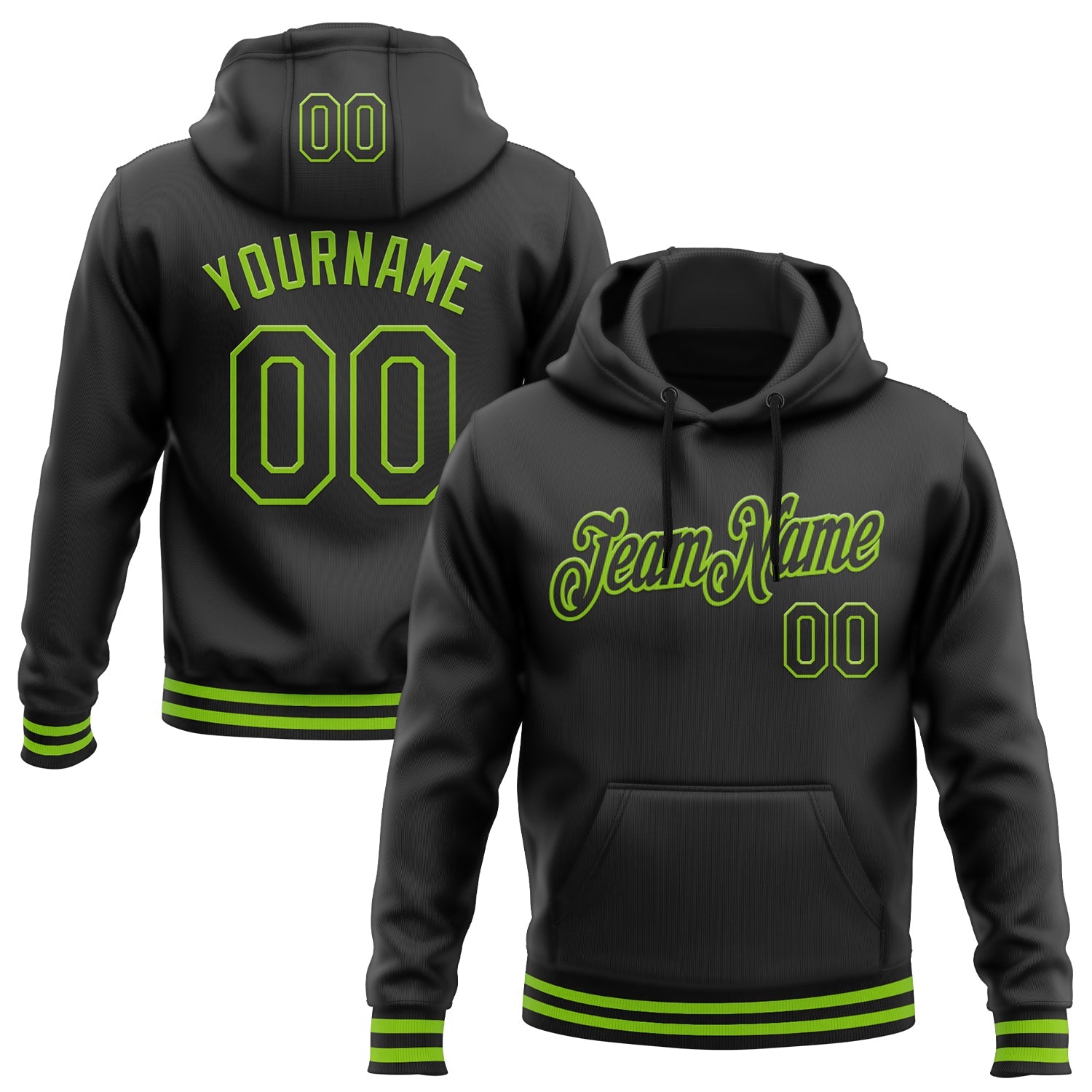 Custom Stitched Black Neon Green Sports Pullover Sweatshirt Hoodie - Main View