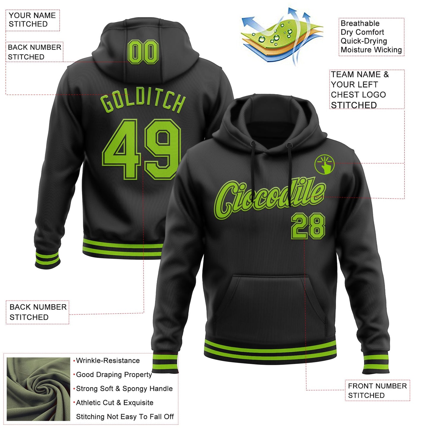 Custom Stitched Black Neon Green Sports Pullover Sweatshirt Hoodie view 3