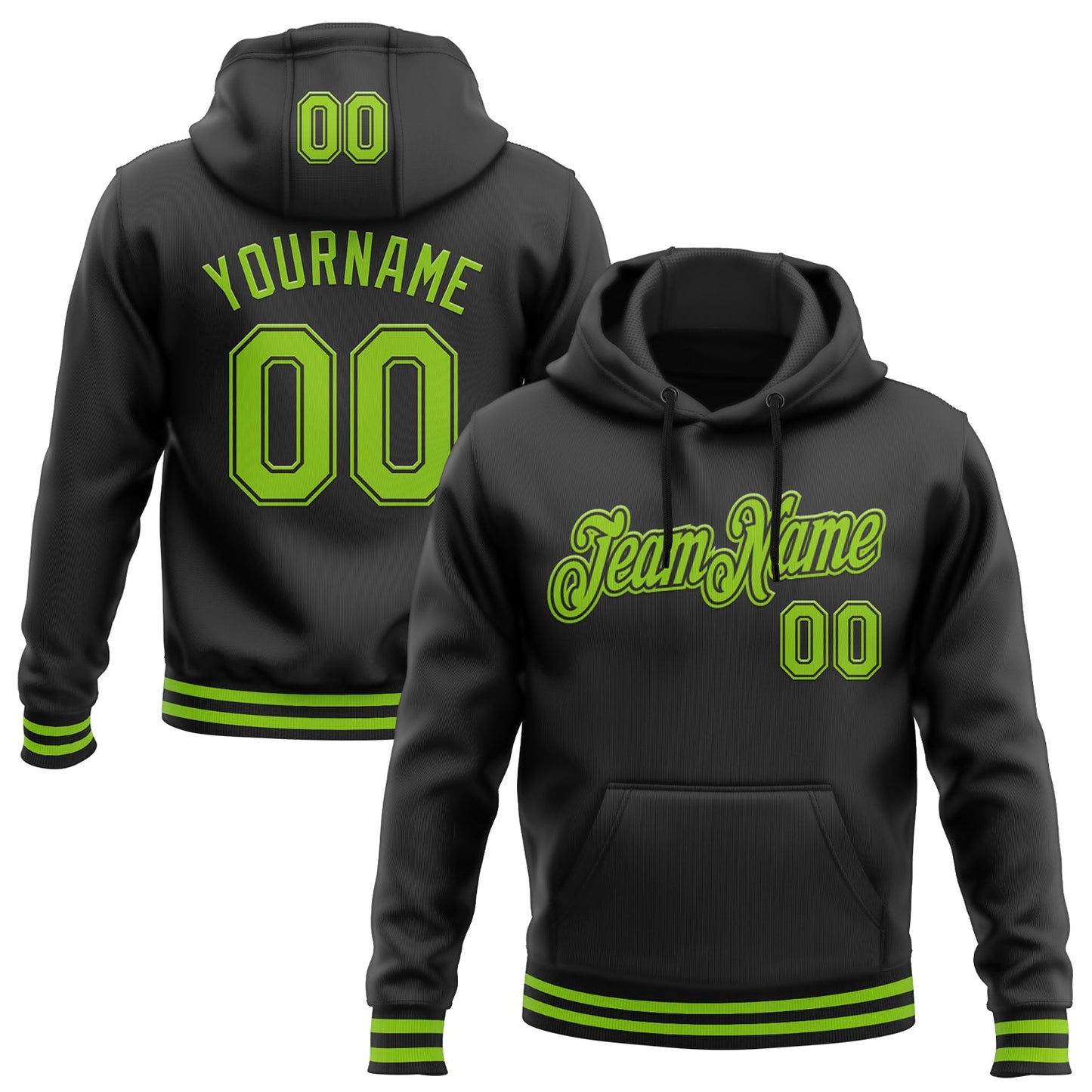 Custom Stitched Black Neon Green Sports Pullover Sweatshirt Hoodie - Main View