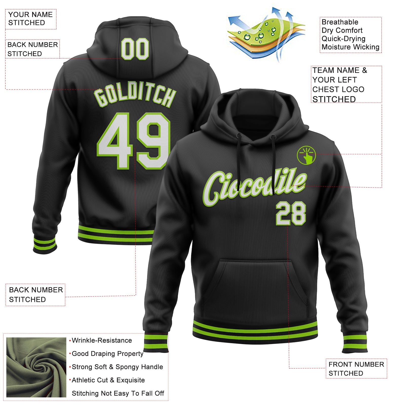 Custom Stitched Black White-Neon Green Sports Pullover Sweatshirt Hoodie view 3
