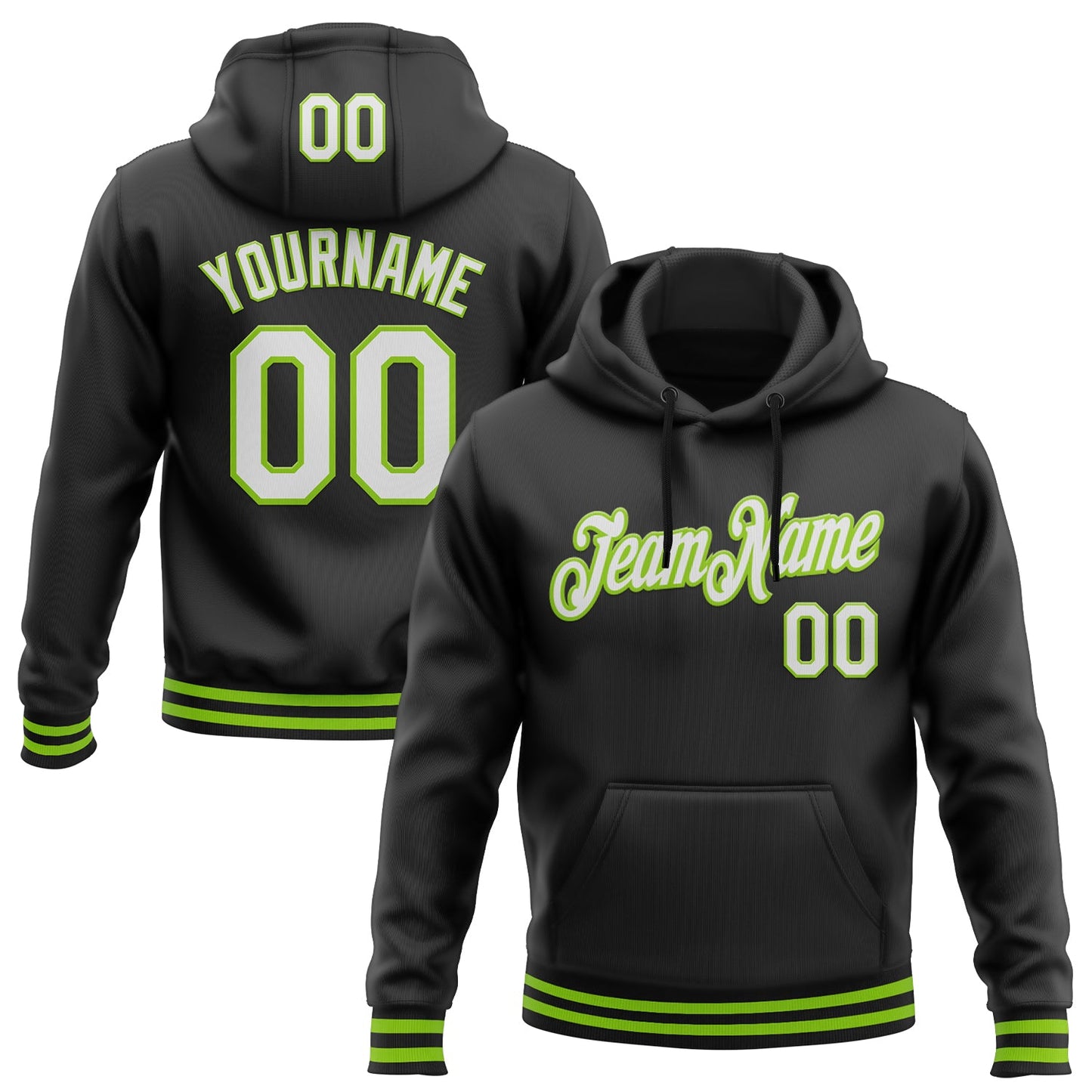 Custom Stitched Black White-Neon Green Sports Pullover Sweatshirt Hoodie - Main View