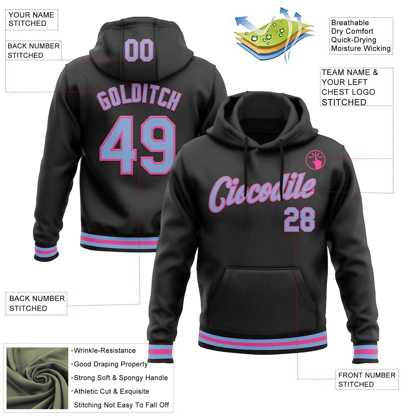 Custom Stitched Black Light Blue-Pink Sports Pullover Sweatshirt Hoodie view 3