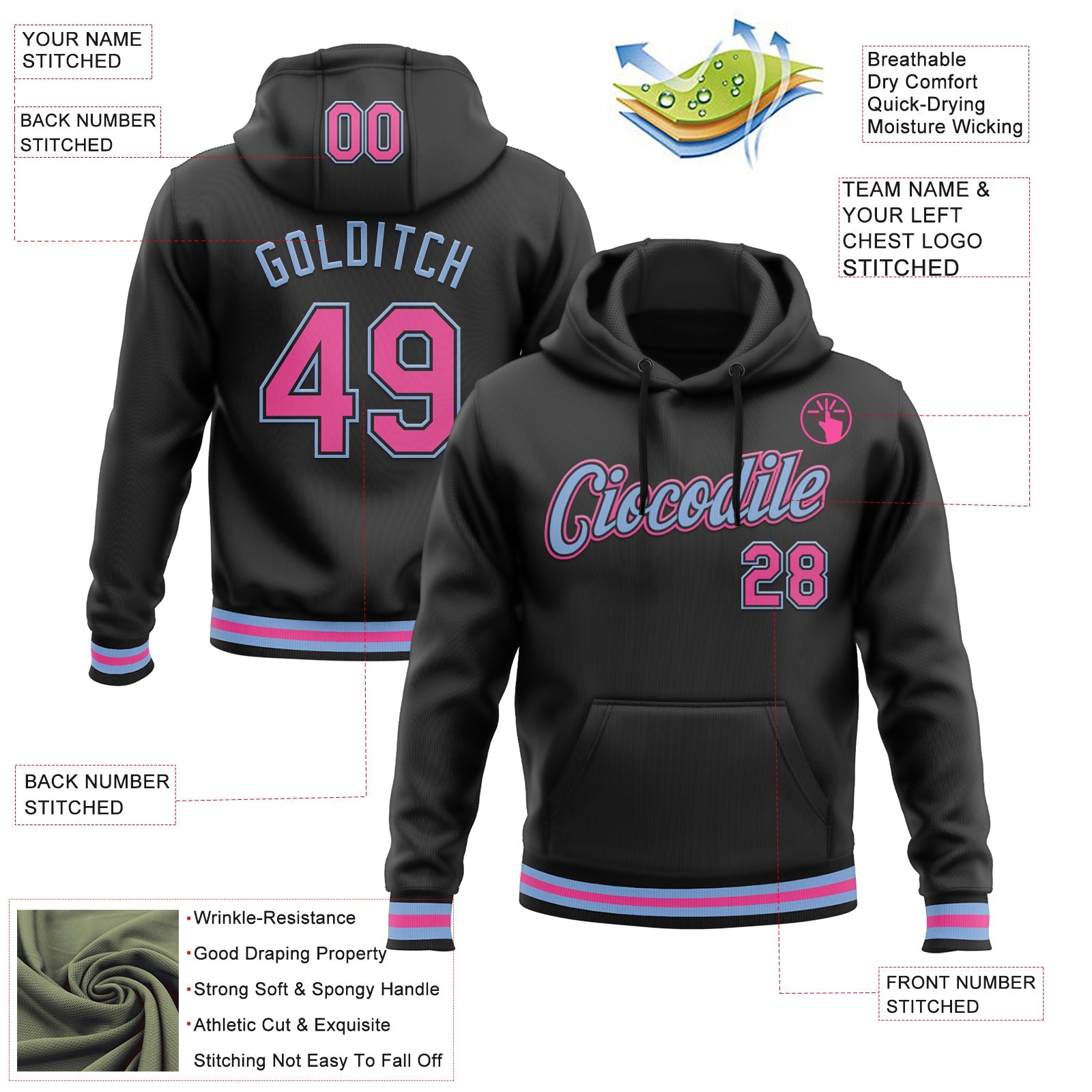 Custom Stitched Black Pink-Light Blue Sports Pullover Sweatshirt Hoodie view 3