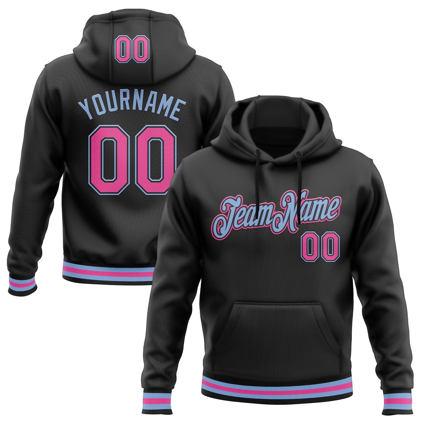 Custom Stitched Black Pink-Light Blue Sports Pullover Sweatshirt Hoodie - Main View