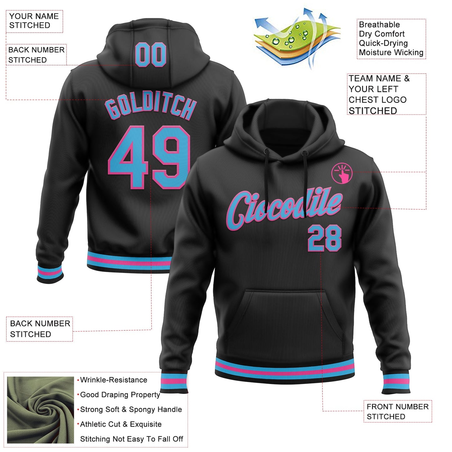 Custom Stitched Black Sky Blue-Pink Sports Pullover Sweatshirt Hoodie view 3