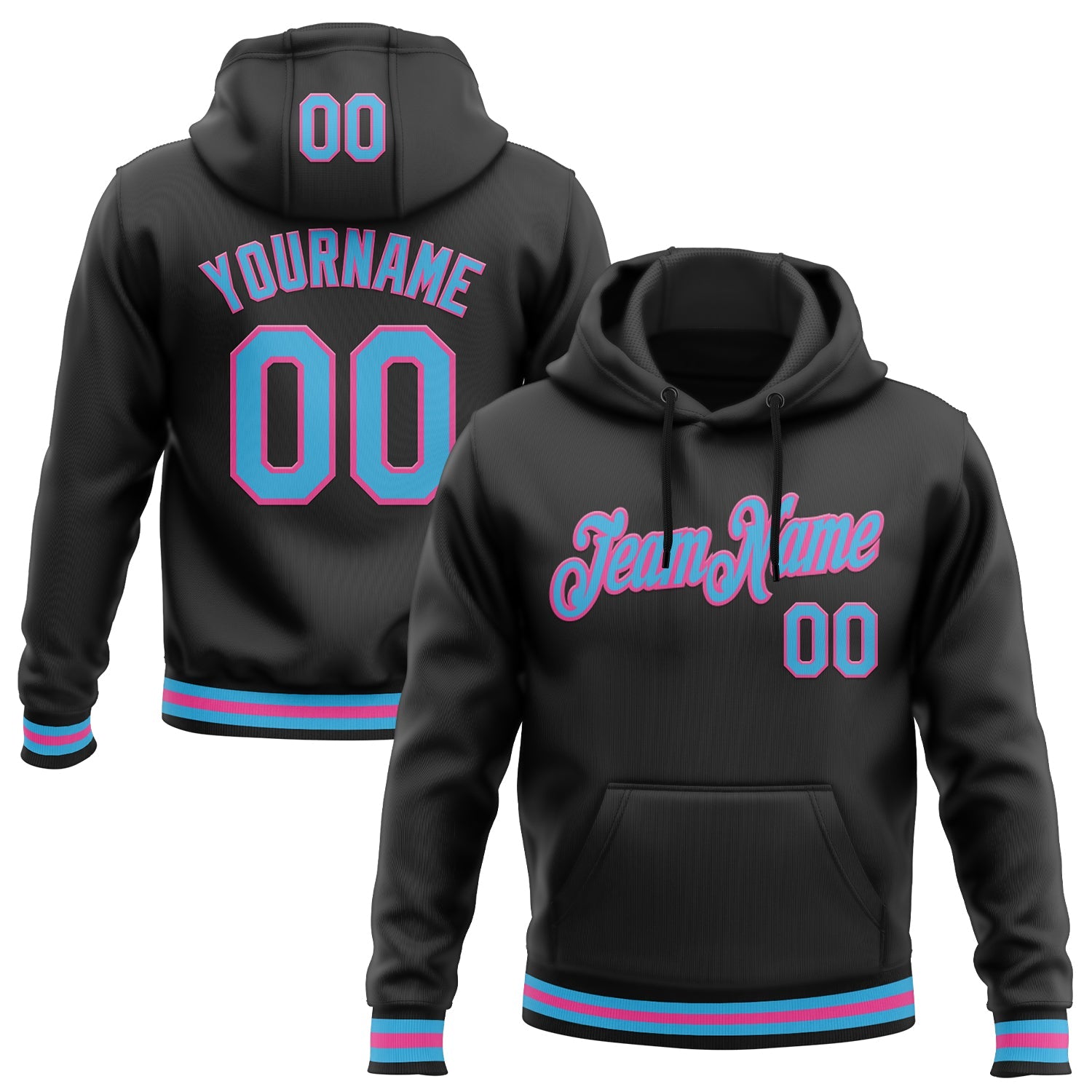 Custom Stitched Black Sky Blue-Pink Sports Pullover Sweatshirt Hoodie - Main View