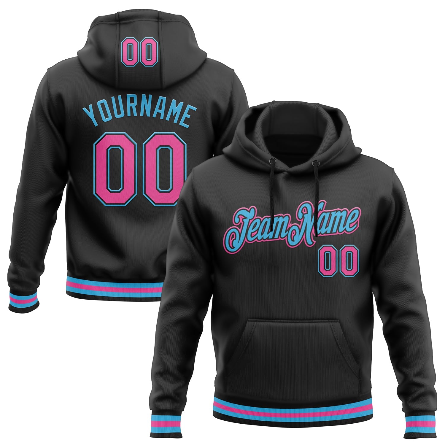 Custom Stitched Black Pink-Sky Blue Sports Pullover Sweatshirt Hoodie - Main View