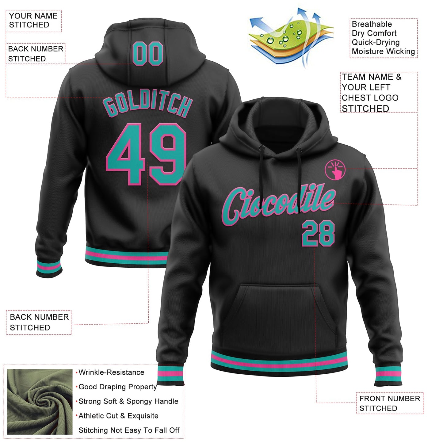 Custom Stitched Black Aqua-Pink Sports Pullover Sweatshirt Hoodie view 3