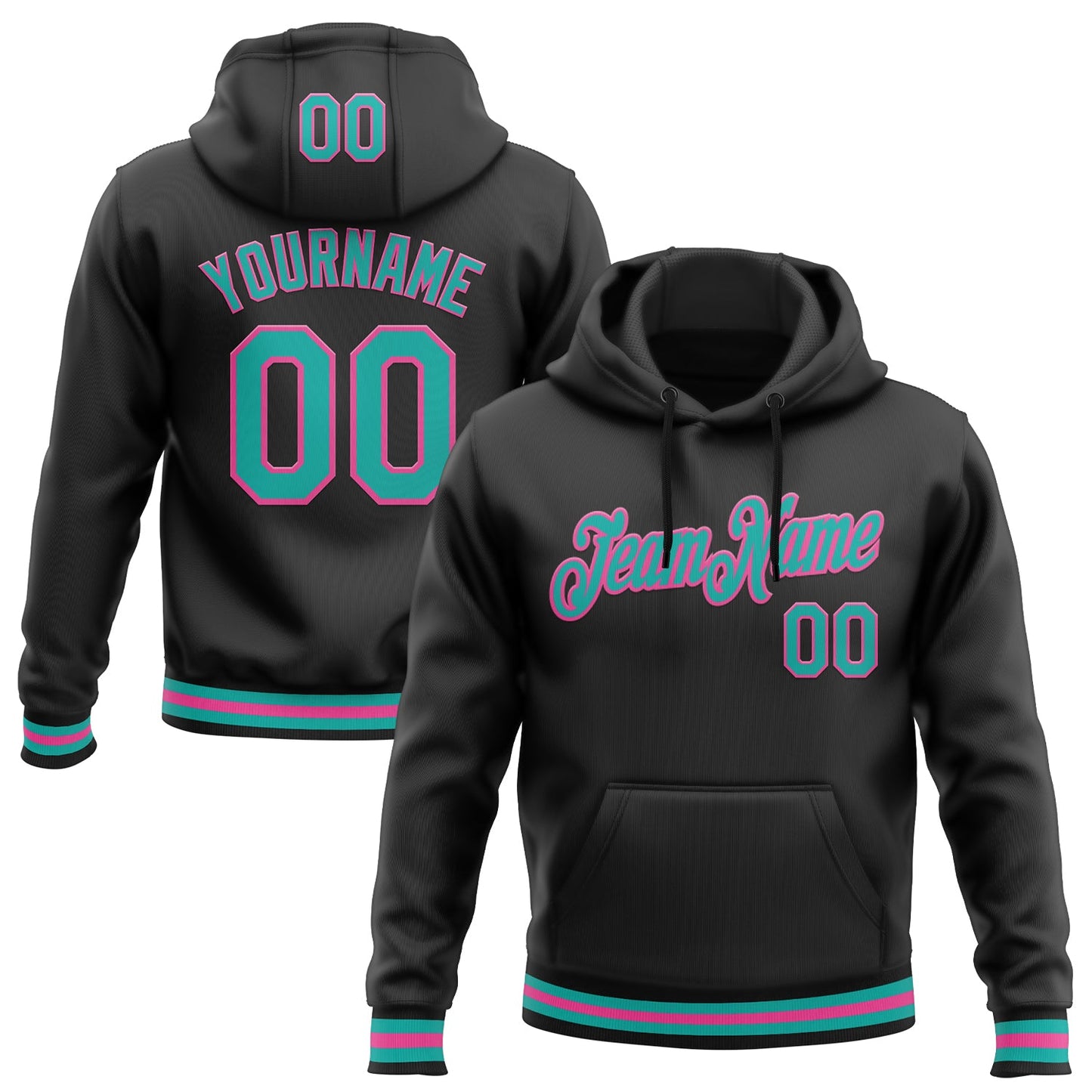 Custom Stitched Black Aqua-Pink Sports Pullover Sweatshirt Hoodie - Main View