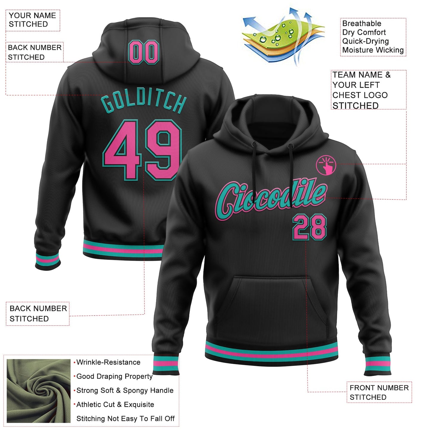 Custom Stitched Black Pink-Aqua Sports Pullover Sweatshirt Hoodie view 3