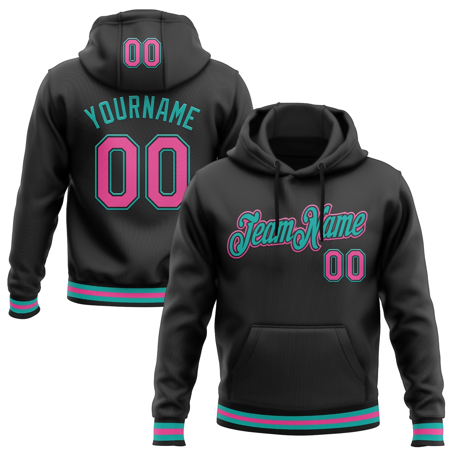Custom Stitched Black Pink-Aqua Sports Pullover Sweatshirt Hoodie - Main View