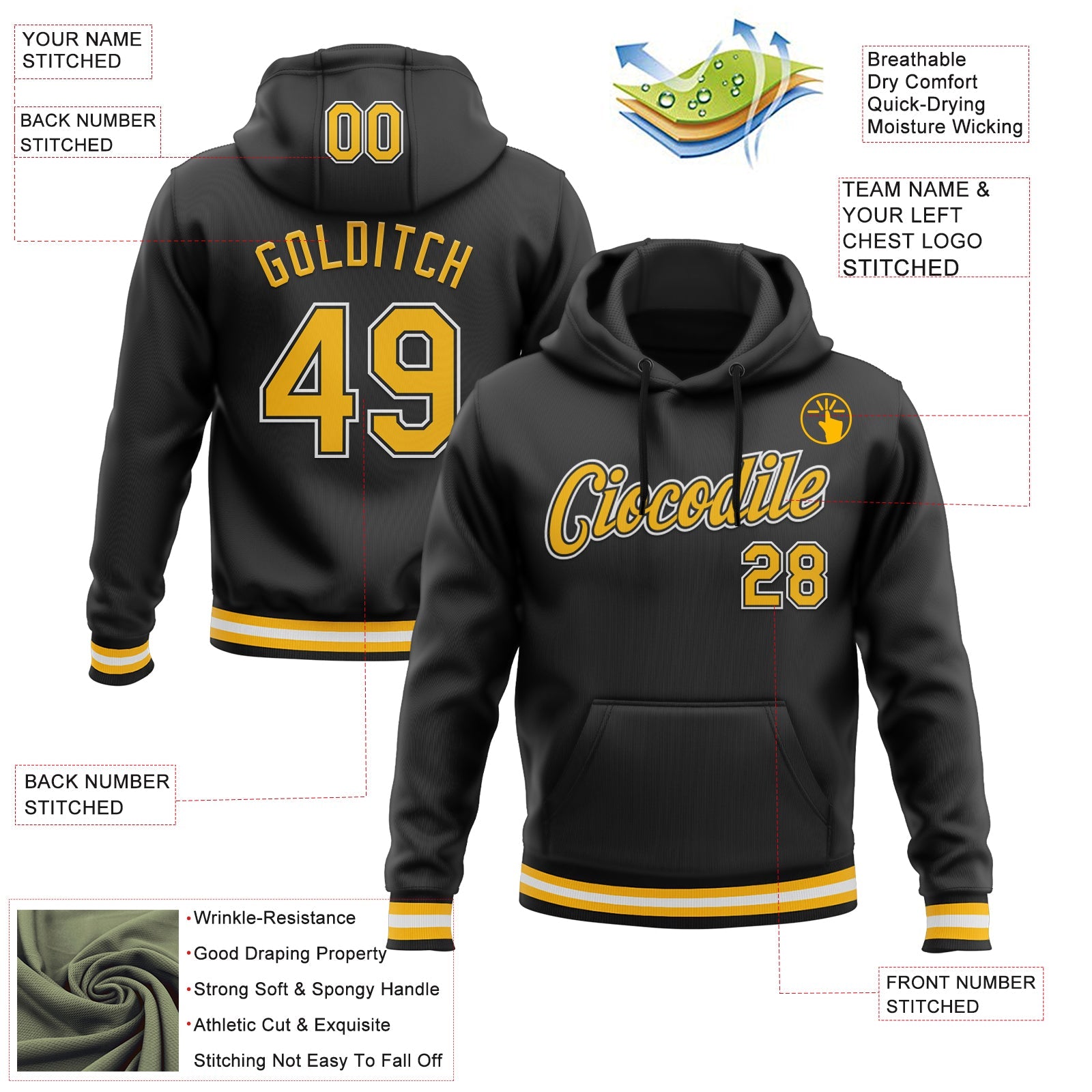 Custom Stitched Black Gold-White Sports Pullover Sweatshirt Hoodie view 3