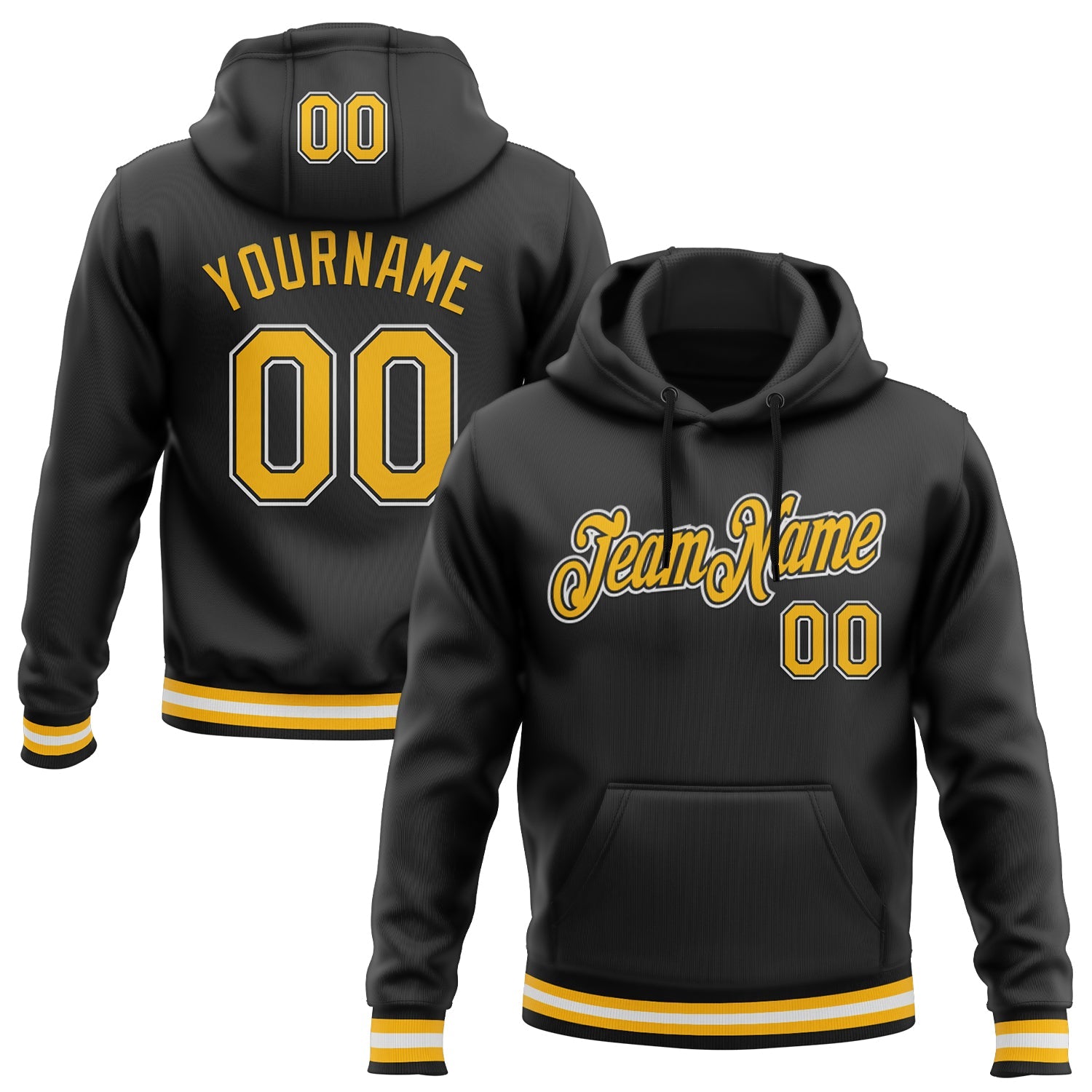 Custom Stitched Black Gold-White Sports Pullover Sweatshirt Hoodie - Main View