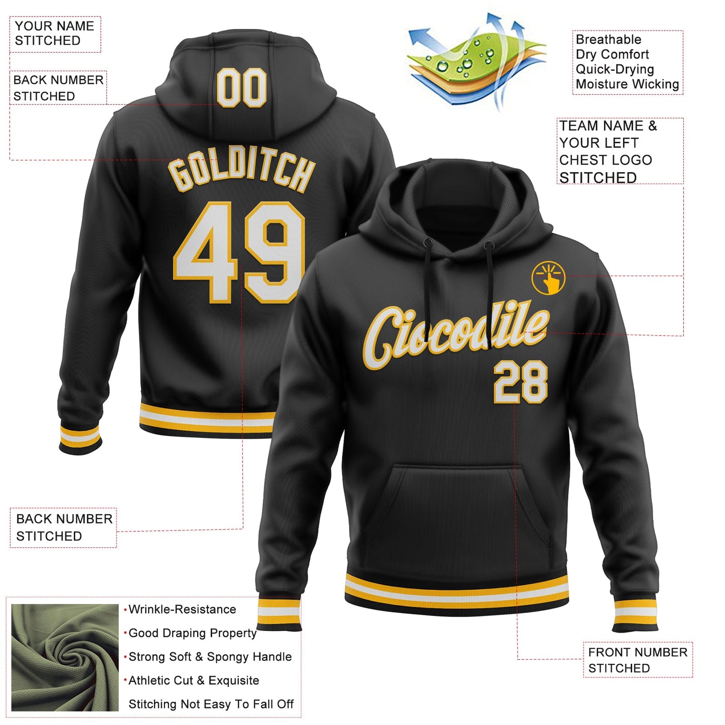 Custom Stitched Black White-Gold Sports Pullover Sweatshirt Hoodie view 3