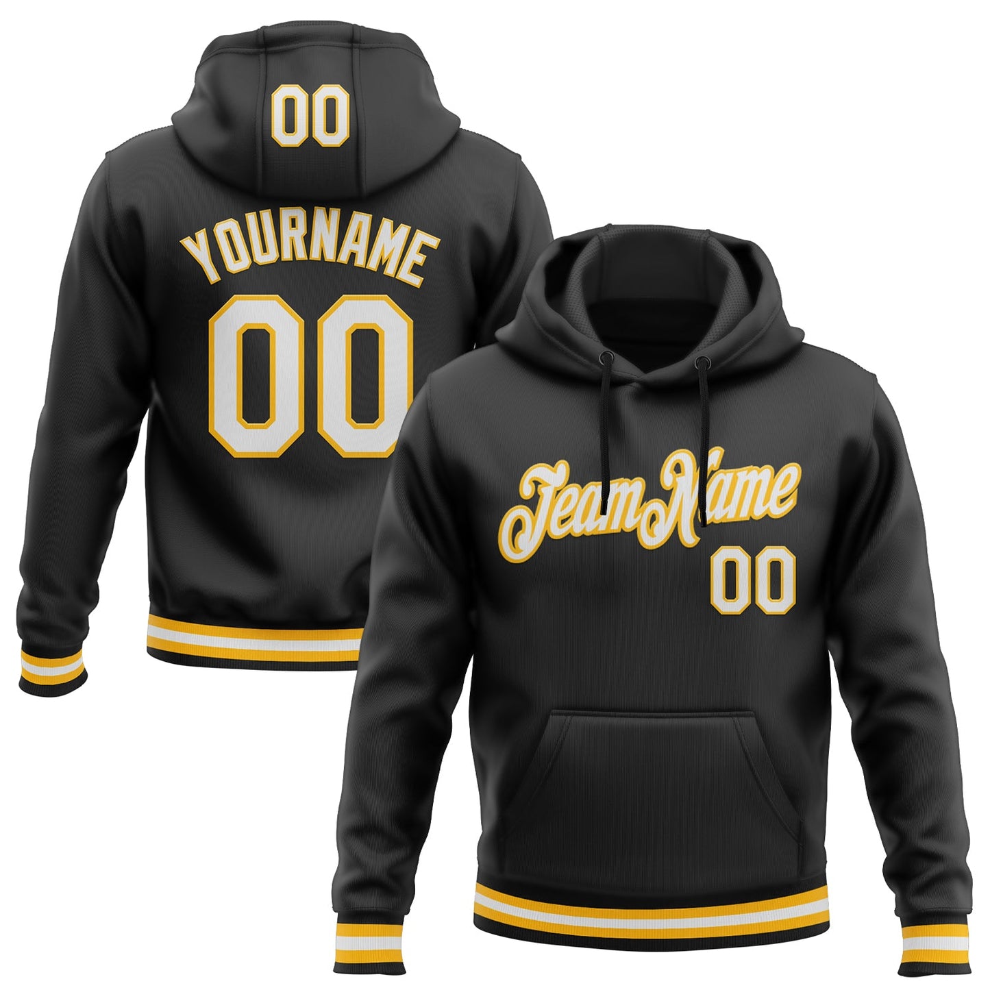 Custom Stitched Black White-Gold Sports Pullover Sweatshirt Hoodie - Main View