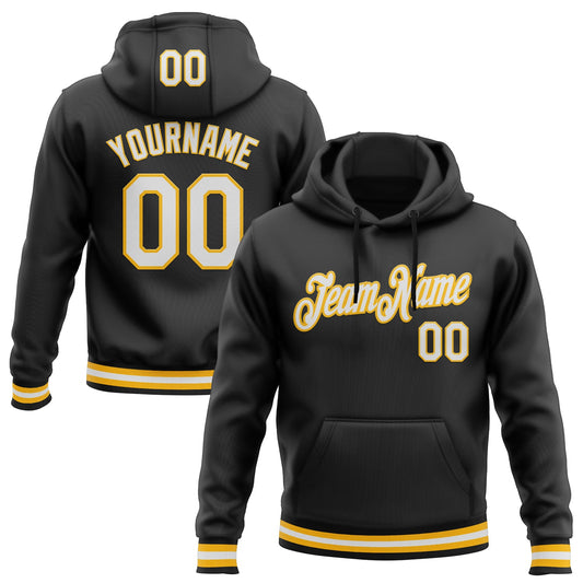 Custom Stitched Black White-Gold Sports Pullover Sweatshirt Hoodie - Main View